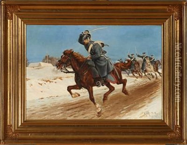 A Dragoon And Soldiers In Gallop Oil Painting - Karl Frederik Christian Hansen-Reistrup
