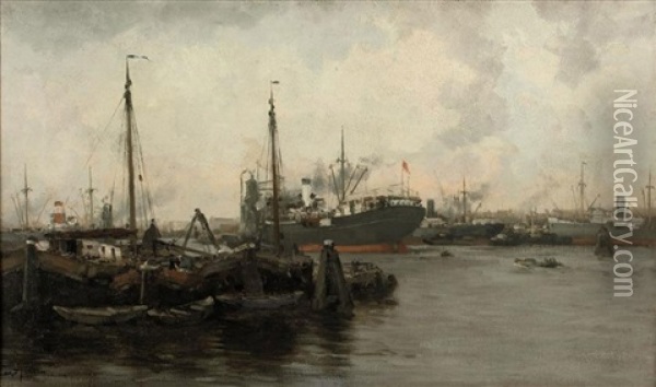 Boats In A Dutch Harbor Oil Painting - Willem George Frederik Jansen