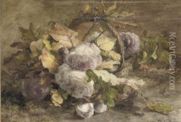 Roses In A Basket On A Forest Floor Oil Painting - Geraldine Jacoba Van De Sande Bakhuyzen