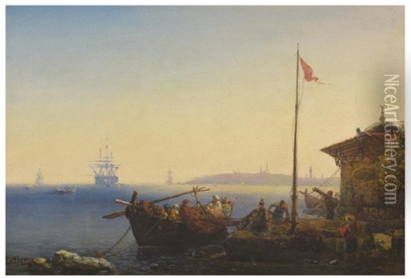 Vue Du Bosphore Avec Turcs En Barque, Voiliers Et La Grande Mosquee D'istanbul Oil Painting - Louis Lottier