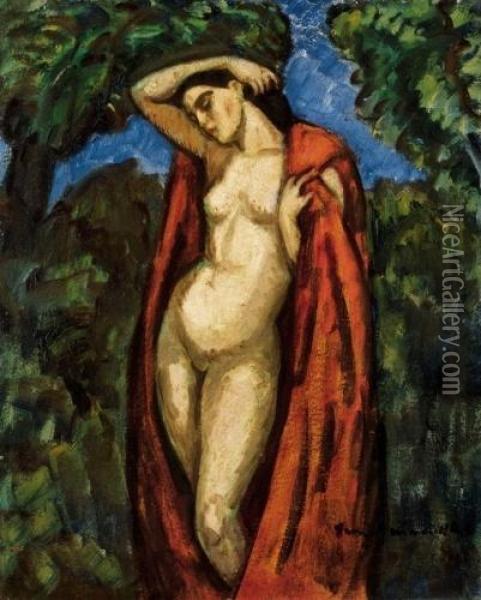 Nude With Red Mantle Oil Painting - Bela Ivanyi Grunwald