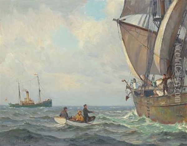 Seascape With A Pilot Entering A Sailing Ship Oil Painting - Christian Ferdinand Andreas Molsted