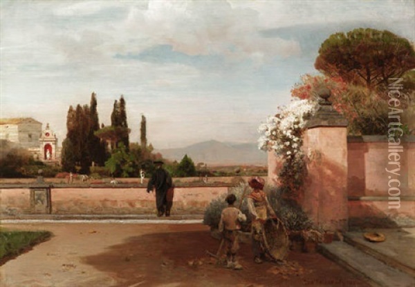 Geistlicher Und Gartner Auf Der Terrasse Von Castel Gandolfo Bei Rom Oil Painting - Oswald Achenbach