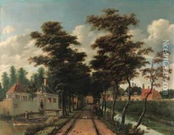 An Avenue Between Two Canals 
With A Horseman And A Dog, A Youth Ina Skiff And A Man By A Gatehouse 
Nearby Oil Painting - Jan Gabrielsz. Sonje
