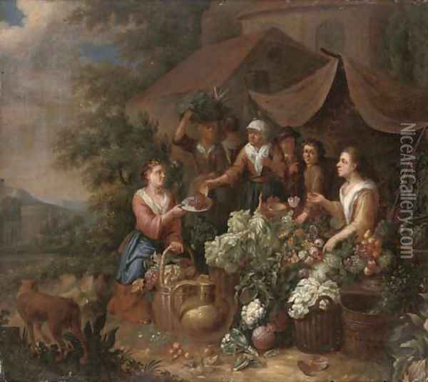 Fruit and vegetable sellers by a church Oil Painting - An Pauwel II The Younger Gillemans