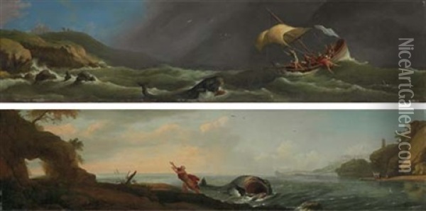 Jonah Thrown Overboard (+ Jonah Released From The Whale; Pair) Oil Painting - Adrien Manglard