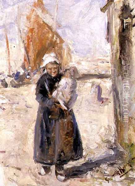 Mother and Baby on a Dutch Quay Oil Painting - Robert Gemmell Hutchison