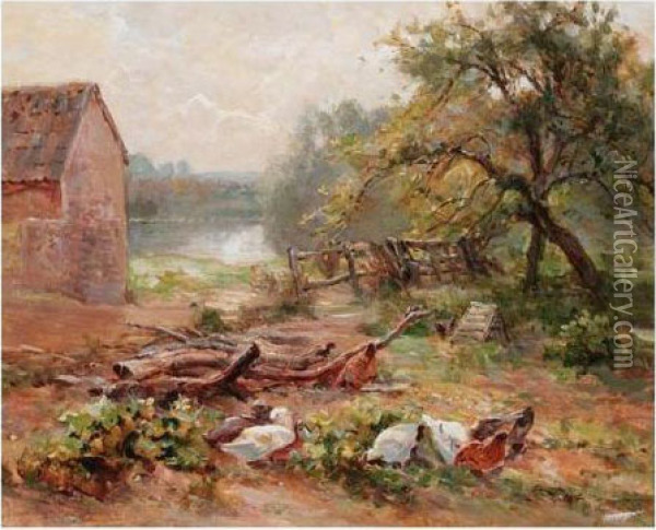 Chickens And Ducks By The Wood Pile Oil Painting - Ernst Walbourn