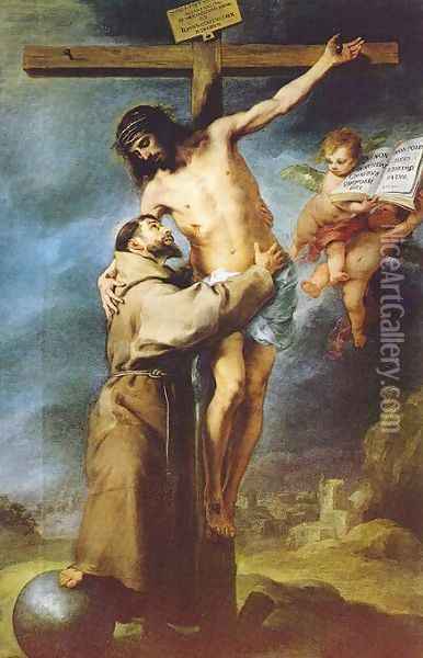Saint Francis embracing Christ on the Cross Oil Painting - Bartolome Esteban Murillo