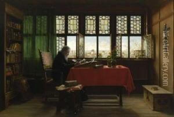 Gelehrter Am Fenster. Oil Painting - George Von Hoesslin