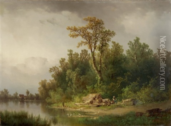 Flusslandschaft Mit Einer Holzfallerin Oil Painting - Carl Hasch