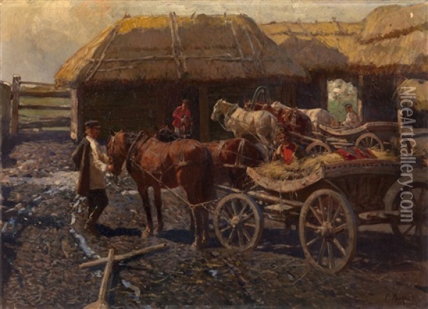Staging Post In The Caucasus Oil Painting - Franz Roubaud