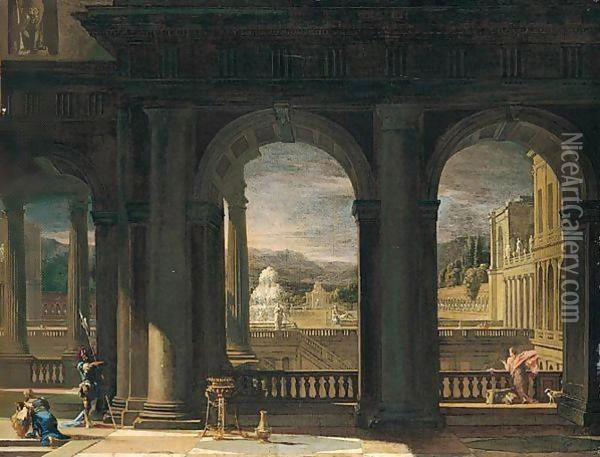 An architectural capriccio with figures near a balcony Oil Painting - Thomas Blanchet
