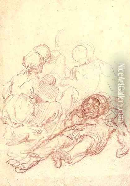 A peasant woman seen from behind, seated by a reclining figure, two others seen beyond Oil Painting - Giulio Carpione