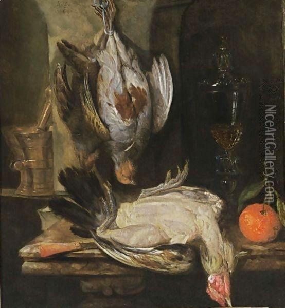 A Still Life With A Partridge, A Turkey, A Bitter Orange, A Glass Goblet Together With A Mortar And A Knife With An Agaath Handle, All On A Marble Ledge Oil Painting - Abraham Hendrickz Van Beyeren
