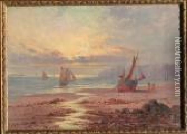 Fishing Boat High And Dry At Sunset Oil Painting - Sidney Yates Johnson