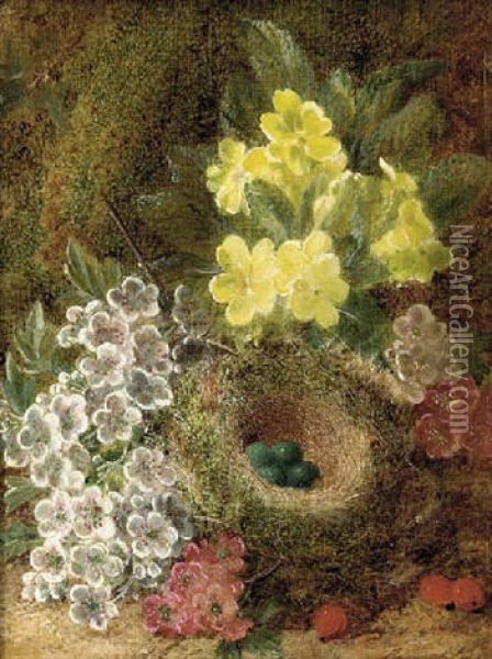 May Blossom, Primulas, Berries And A Bird's Nest With Eggs, On A Mossy Bank Oil Painting - George Clare