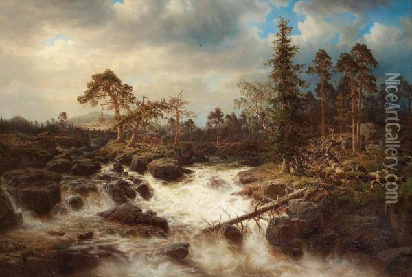 Romantic Landscape With Waterfall Oil Painting - Marcus Larson