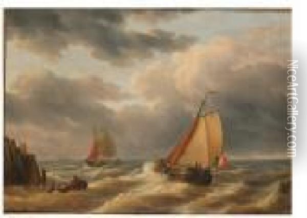 Fishing Vessels Offshore In Choppy Seas Oil Painting - Pieter Cornelis Dommershuijzen