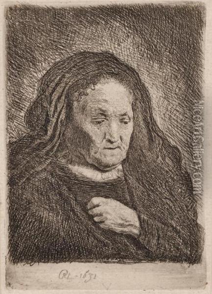 The Artist's Mother With Her Hand On Her Chest, Small Bust Oil Painting - Rembrandt Van Rijn