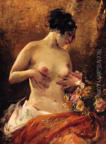 A Female Nude With A Bouquet Of Flowers Oil Painting - Bertalan Vigh