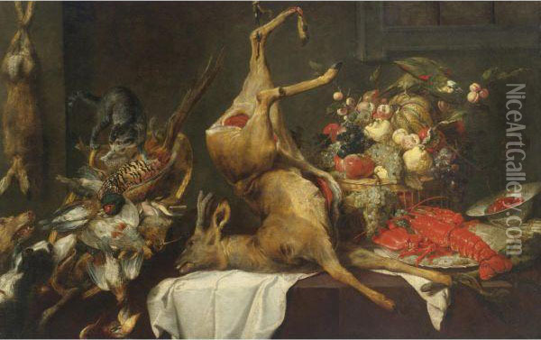 Game Still Life With Birds, A 
Deer And A Hare, With A Basket Offruit, A Lobster On A Plate And Other 
Objects On A Draped Tablewith A Cat, Two Dogs And A Parrot Oil Painting - Frans Snyders