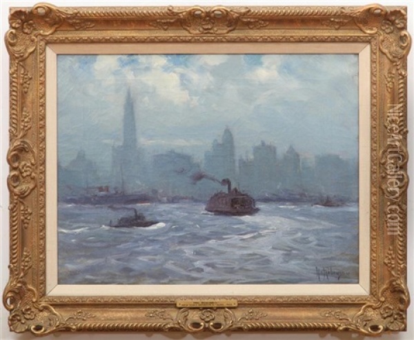 New York Harbor At Dusk Oil Painting - Hal Robinson