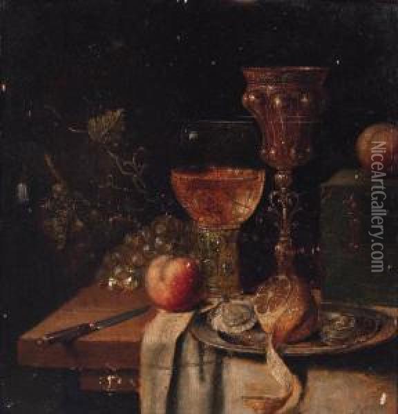 A Roemer, A Silver-gilt Cup, 
Oysters And A Peeled Lemon On A Pewterplate, A Knife, A Casket With 
Apples And Grapes On A Partiallydraped Table Oil Painting - Abraham Hendrickz Van Beyeren