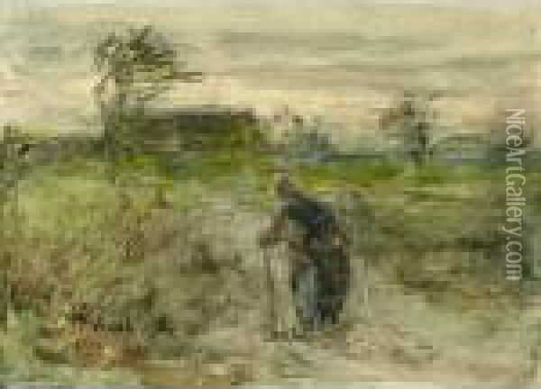 A Peasant Woman In A Landscape Oil Painting - Jozef Israels