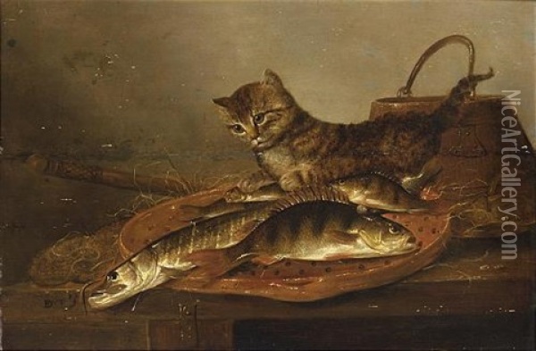 A Still Life With A Perch And A Pike On An Earthenware Dish, A Stick And A Wooden Bucket, Together With A Cat, All On A Wooden Table Oil Painting - Pieter de Putter