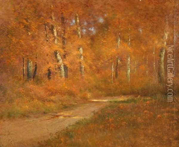 Road Through A Forest, Autumn Oil Painting - Delancey W. Gill