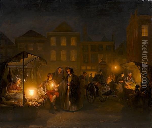 An Evening Market In The Hague Oil Painting - Petrus van Schendel
