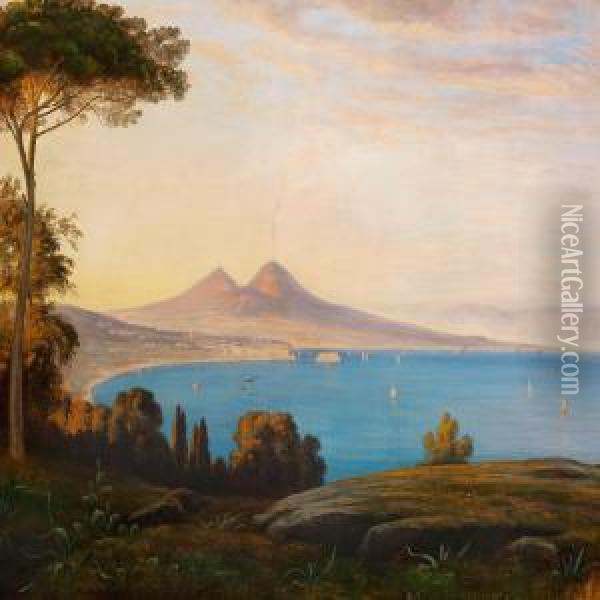 View Of The Bay Of Naples And Mount Vesuvius Oil Painting - Thorald Brendstrup