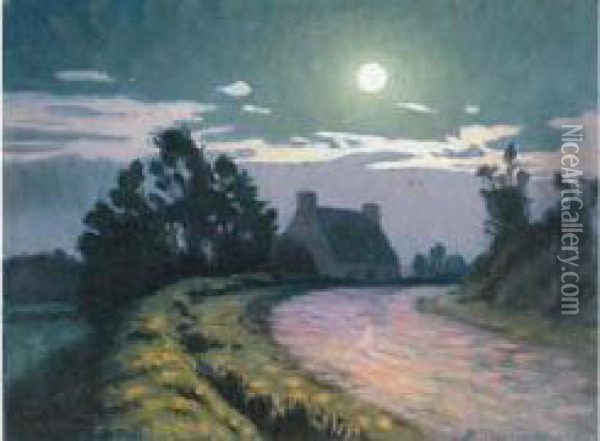 Clair De Lune, Route Et Ferme Oil Painting - Charles Victor Guilloux