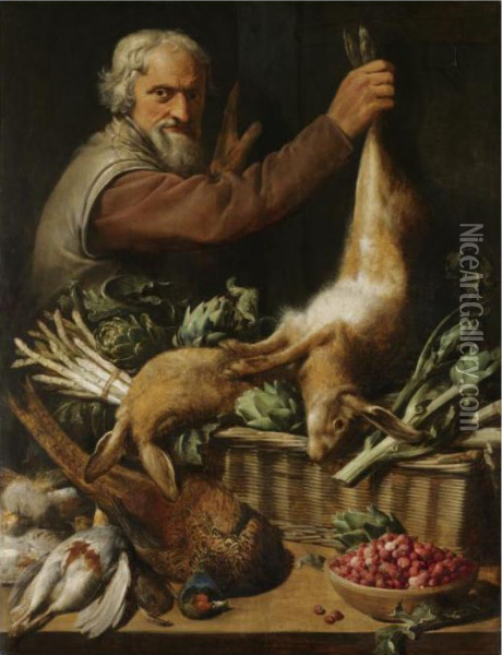 A Market Stall With A Peasant 
Holding Up A Hare, A Pheasant, Partridge, A Bowl Of Strawberries And A 
Square Basket Of Artichokes And Asparagus, All Arranged On A Table-top Oil Painting - Frans Snyders