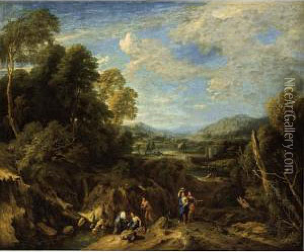 An Extensive River Landscape With Classical Figures Conversing And Mountains Beyond Oil Painting - Jan Baptist Huysmans
