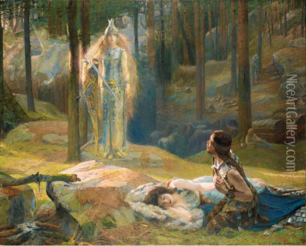 La Revelation, Brunnhilde Decouvrant Sieglinde Et Siegmund Oil Painting - Gaston Bussiere