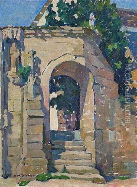 A View Through A Stone Arch With Steps Oil Painting - Anne Millay Bremer