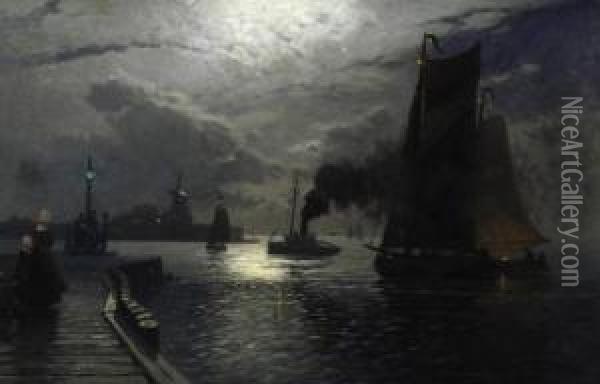 Moonlit Vlissingen. Signed Lower Left: H. Petersen-angeln Oil Painting - Heinrich Petersen-Angeln