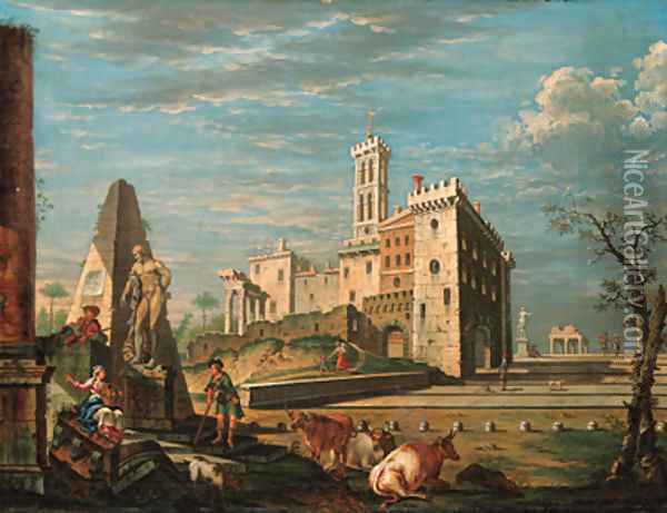 A capriccio, with a castello and figures by the Farnese Hercules Oil Painting - John Devoto