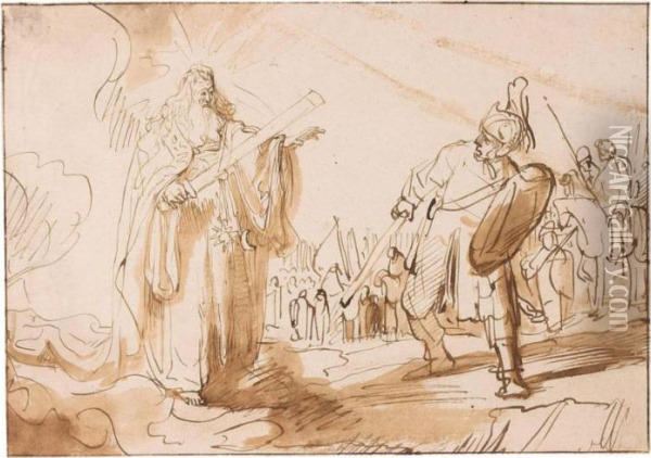 The Messenger Of God Appearing To Joshua (josh. 5:13-15) Oil Painting - Ferdinand Bol