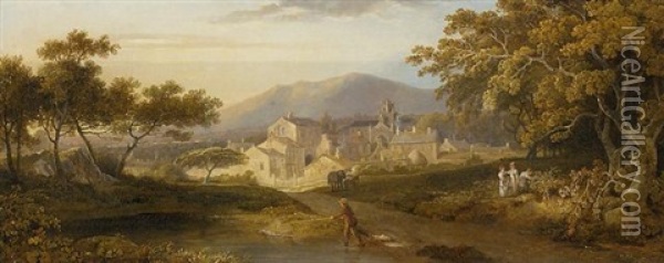 View Of A Town, With An Angler By A Stream And Figures In The Foreground, In A Wooded Landscape Oil Painting - George Arnald