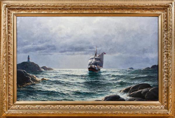 Ship Between Cliffs Oil Painting - Lars Laurits Larsen Haaland
