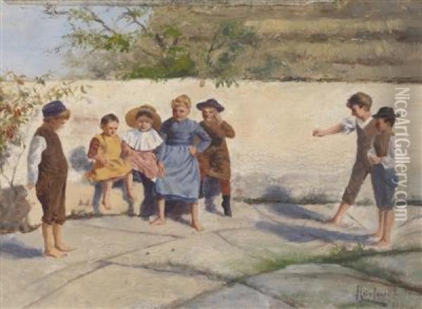 Children Playing Oil Painting - Ede Lengyel-Rheinfuss