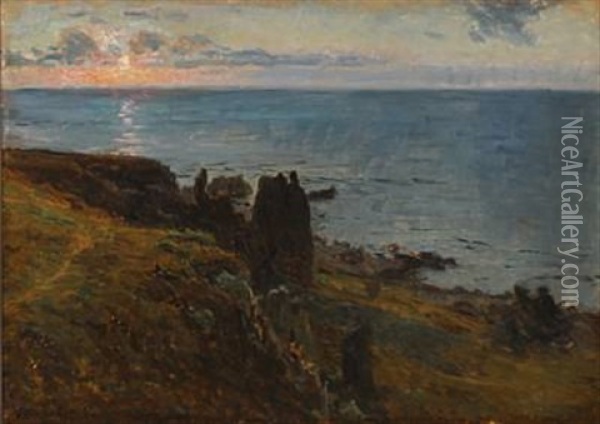 Sunrise At Helligdomsklipperne (sanctuary Rocks) At Bornholm, Denmark Oil Painting - Viggo Johansen