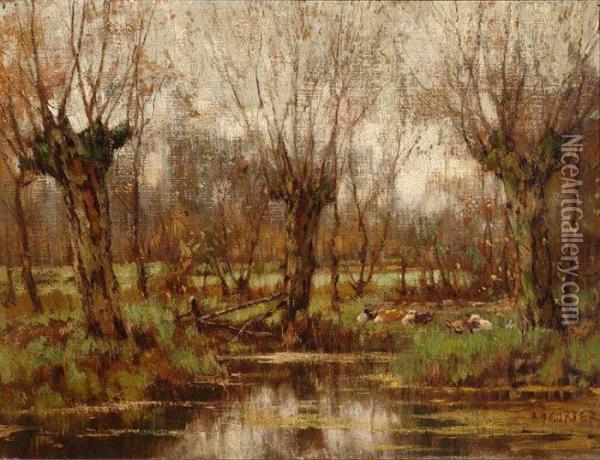 View Of The Brook Of Vorden With Resting Cows Oil Painting - Arnold Marc Gorter