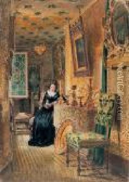 Portrait Of Mrs Hunt In Mr. Moore's Library Oil Painting - William Henry Hunt