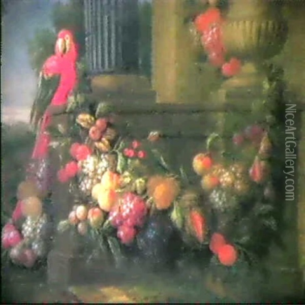 Stilleben Mit Fruchtesgirlande Und Papagei Oil Painting - Jan Pauwel Gillemans The Elder