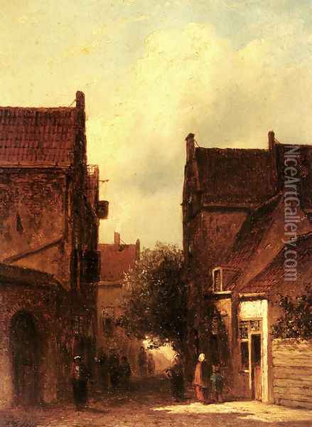 Street Scene With Figures, Possibly Rotterdam Oil Painting - Pieter Gerard Vertin
