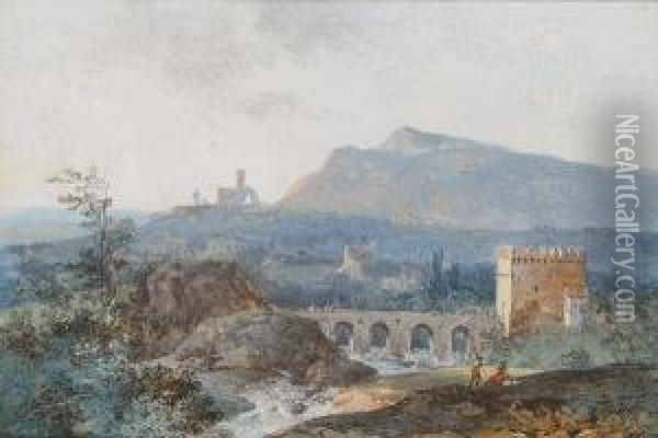 Landscape With An Aqueduct Oil Painting - Louis-Gabriel Moreau the Elder